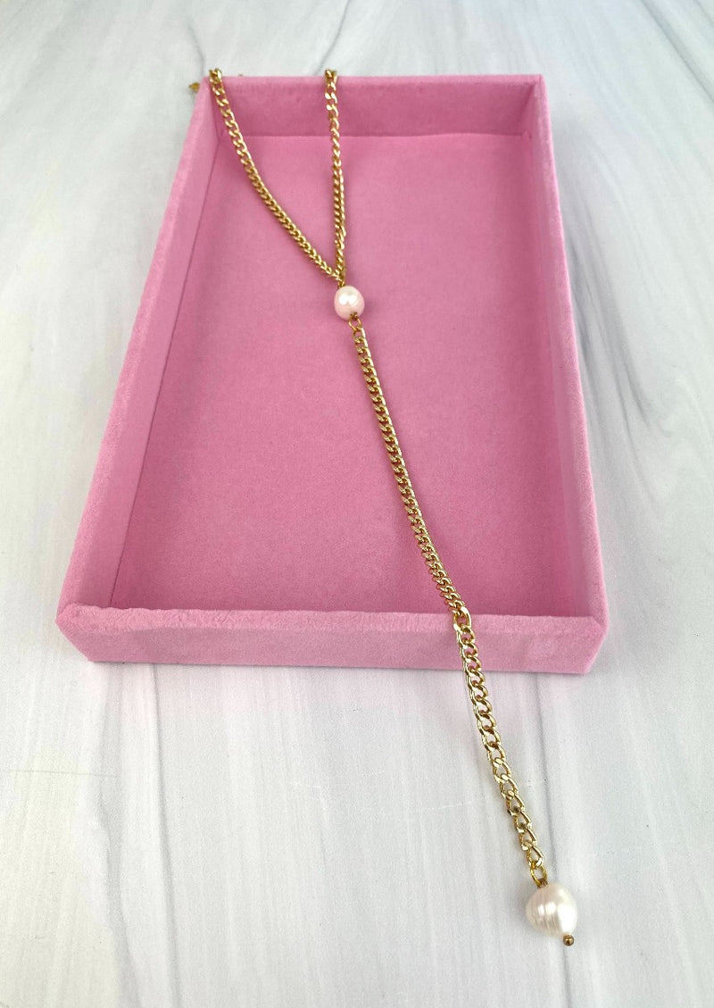 "Perle Boule" Gold Y Lariat Chain Necklace with Fresh Water Pearl Dangling Minimal Choker Joel Handmade