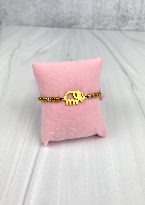 Stainless Steel 14K Gold Plated Elephant Adjustable Bracelet Dainty with Faceted Gold Hematites Beads Joel handmade