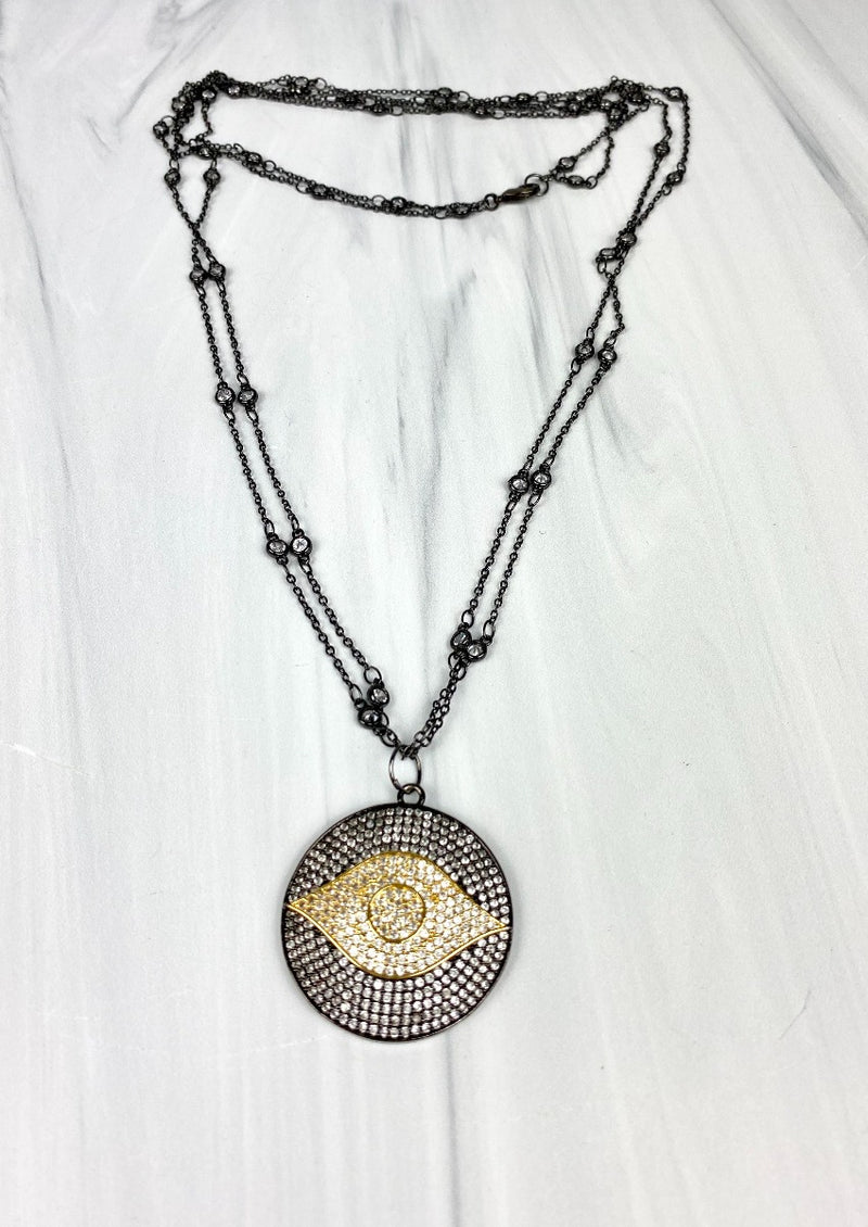 Evileye CZ Cubic Zirconia Necklace with Floating Diamonds CZ Gunmetal Black Double Chain Joel Handmade
