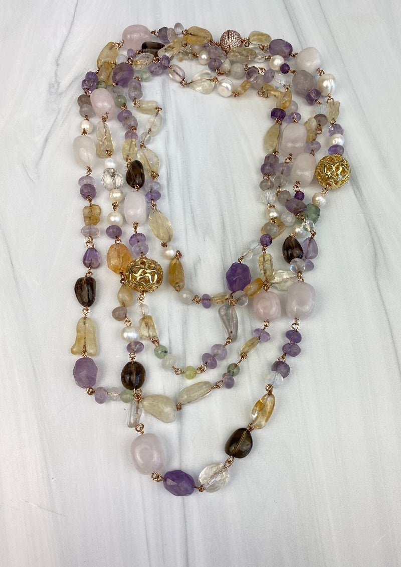 Endless Necklace Wraparound Draped Variety of Gemstones Multicolor Pastel Colors Pearls, Amethyst, Rose Quartz, Citrine, 6 feet long Joel Handmade