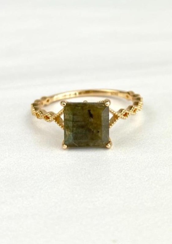 Solitaire Ring with Princess Cut Labradorite Gemstone, Semiprecious Stone Sterling Silver 925 and 14K Gold Plated