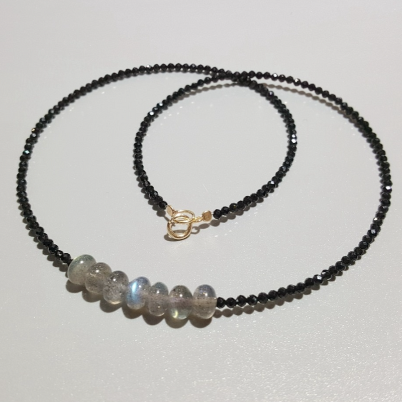 Dainty Necklace Tiny Black Spinel and Labradorite Beads