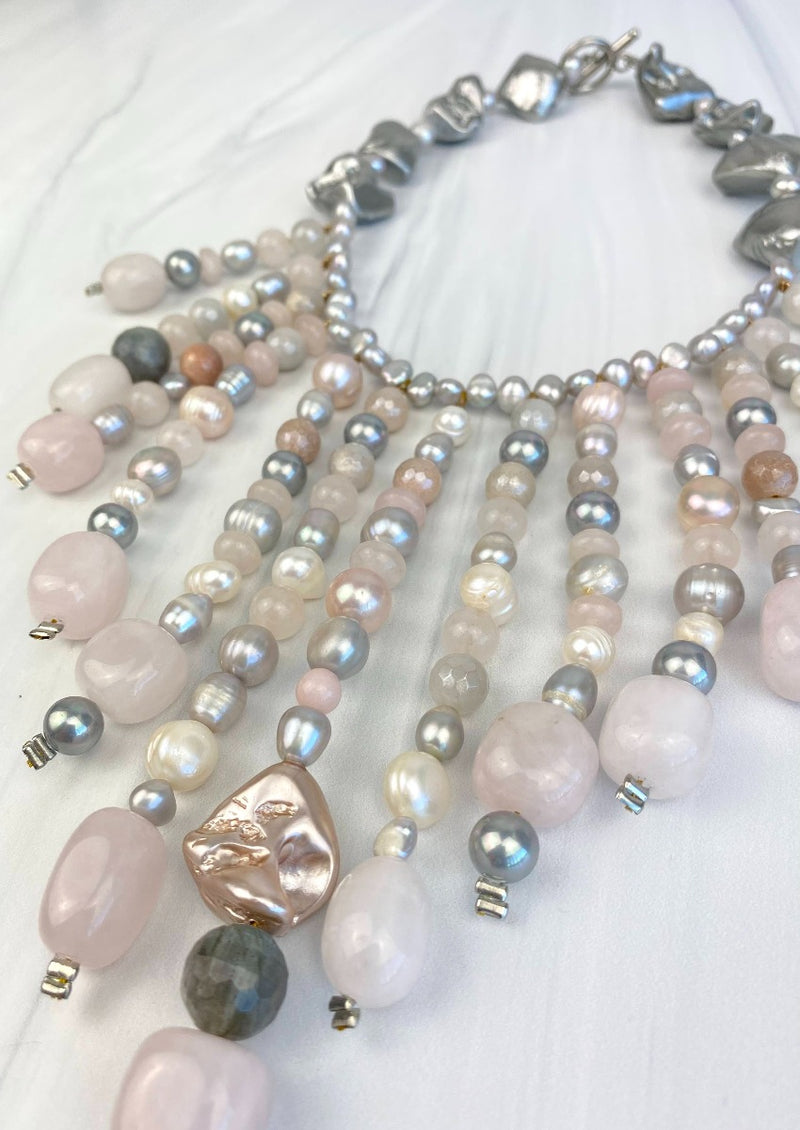 Fringed Necklace Grey Pink Pastel Shades Large Statement Necklace, Pearls, Rose Quartz, Labradorite, Seashell Stunning Joel Handmade
