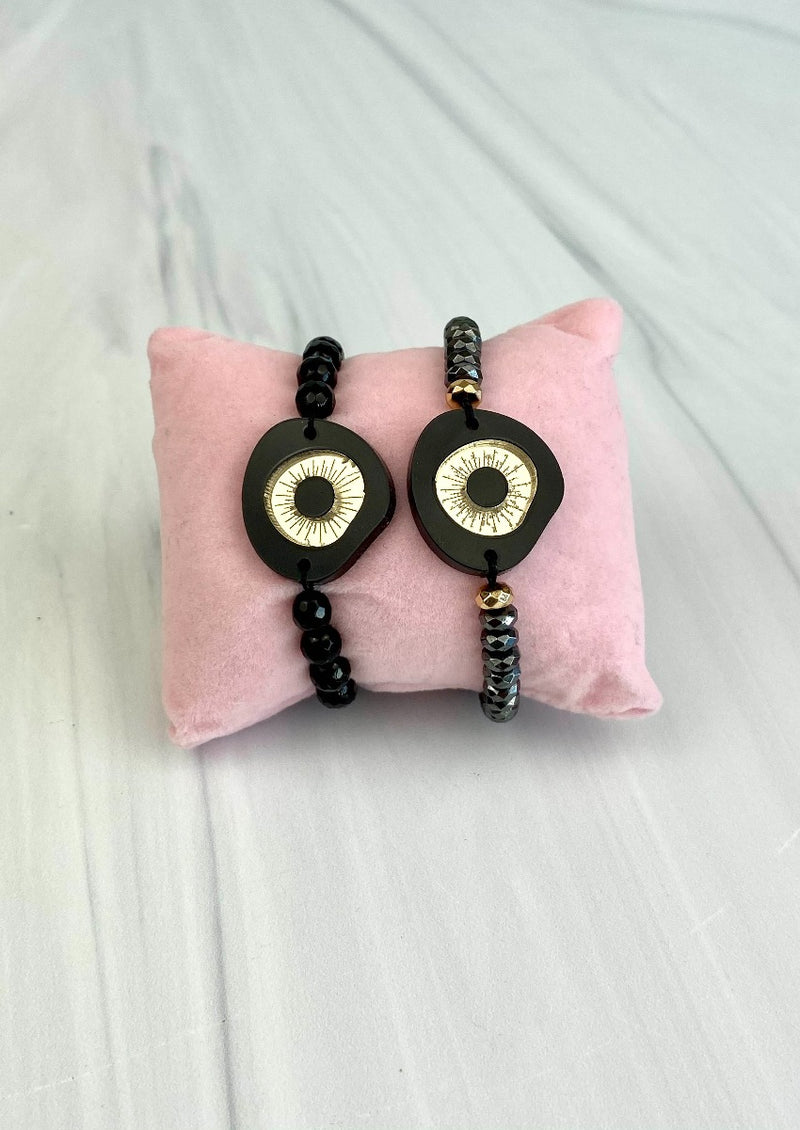 Evil Eye Acrylic Gold & Black Featuring Sparkly Hematites and Faceted Black Agate Adjustable Joel Handmade