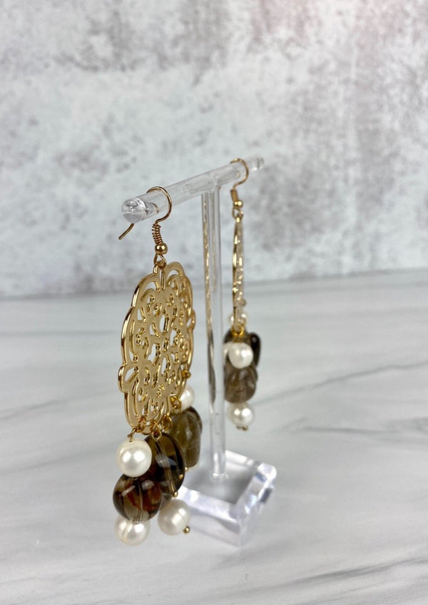Smoke Quartz, Fresh water pearls Chandelier Earrings 14K Gold Plated Filigree Joel handmade