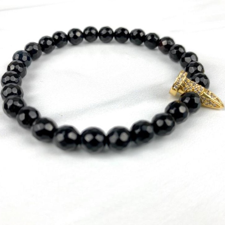 "Nailed it" Gold Nail with Cubic Zirconia CZ Elastic Bracelet with faceted Onyx Agate Gemstone Beads Joel Handmade