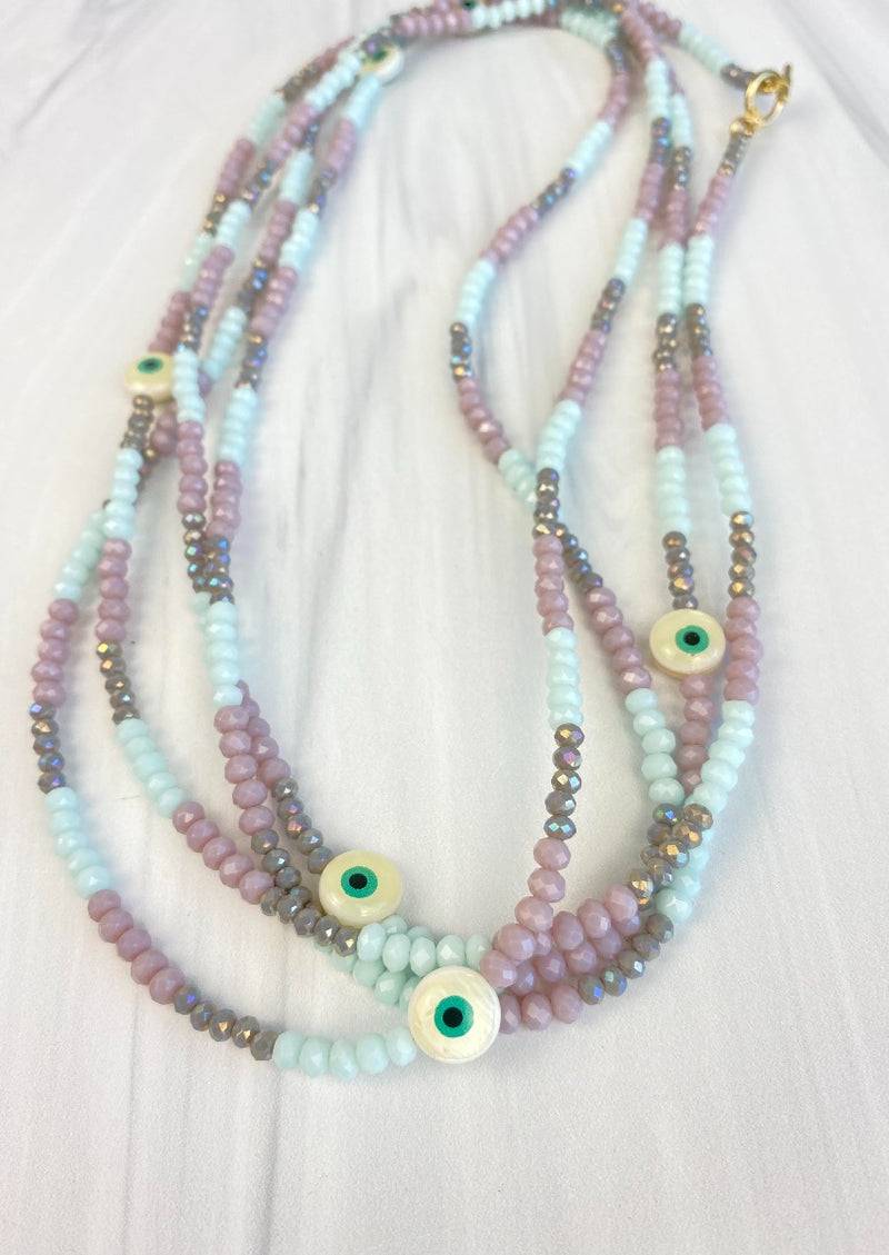 Endless strand necklace Wrap around aqua pastel colors featuring mother of pearl evileye Faceted Glass Beads 80" Joel Handmade