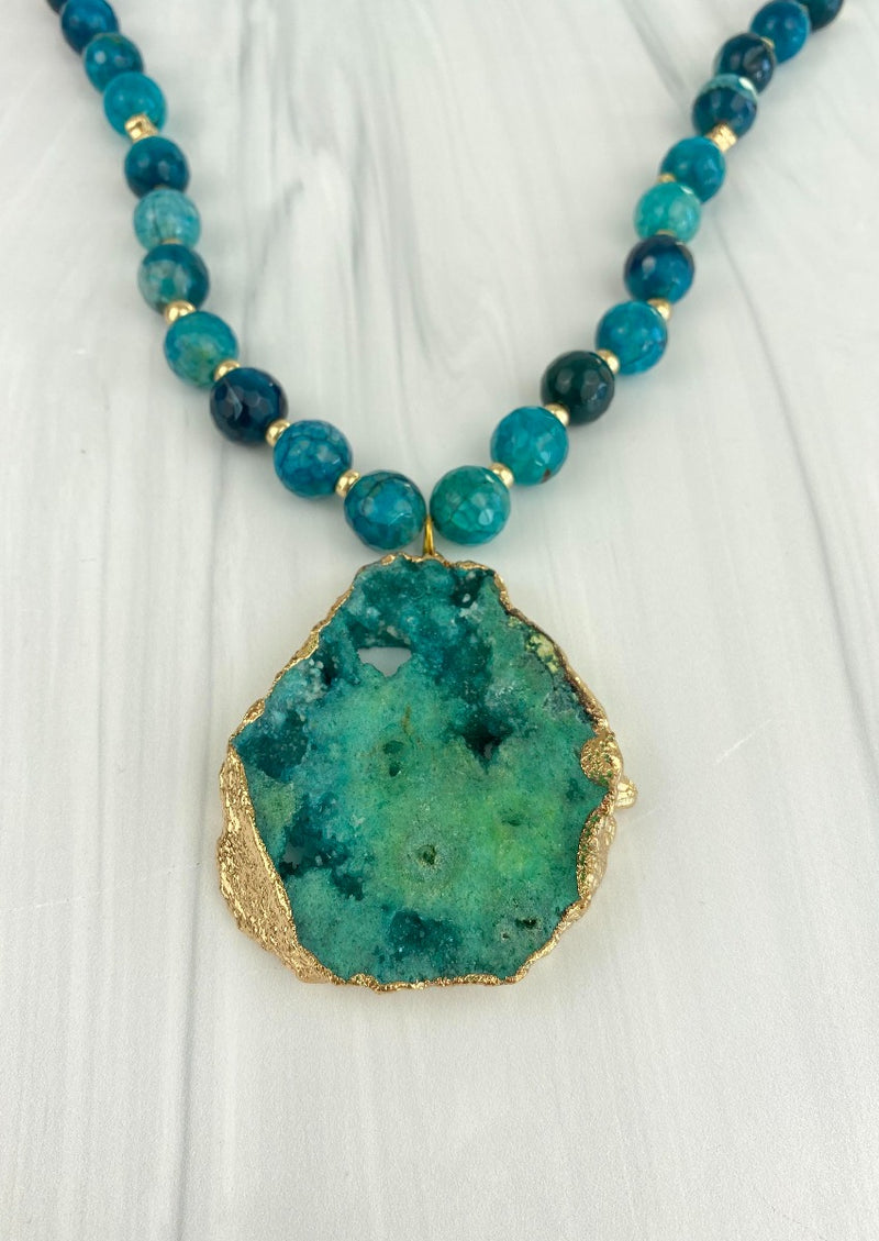 Oversized Druzy Agate and Faceted Sea Foam Green Color Beads Long Statement Necklace Joel Handmade