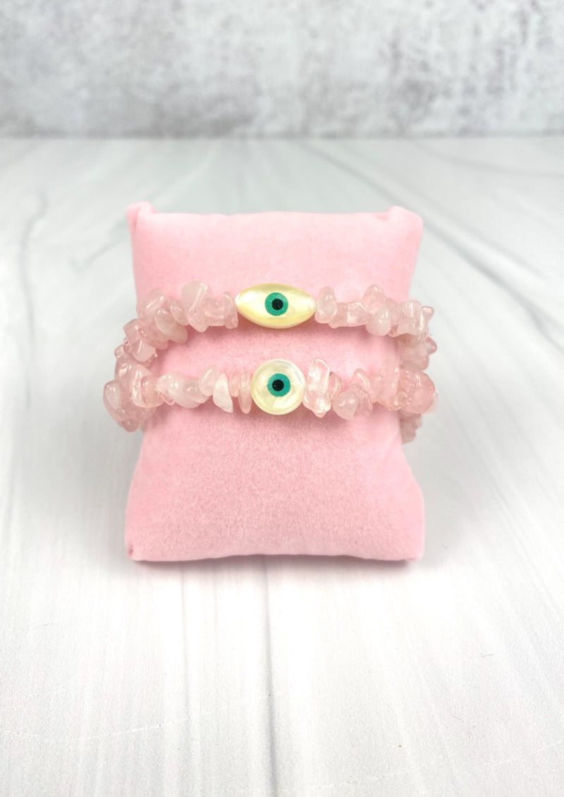 Rose Quartz Gemstone Elastic Bracelet Mother of Pearl Evil Eye evileye Joel Handmade