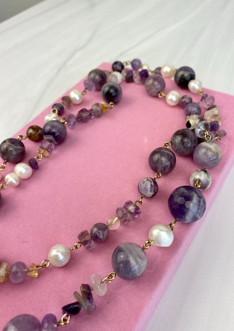 Hand Wrapped Variety of Amethyst, Ametrine Gemstones Necklace with Fresh Water Pearls, Joel Handmade