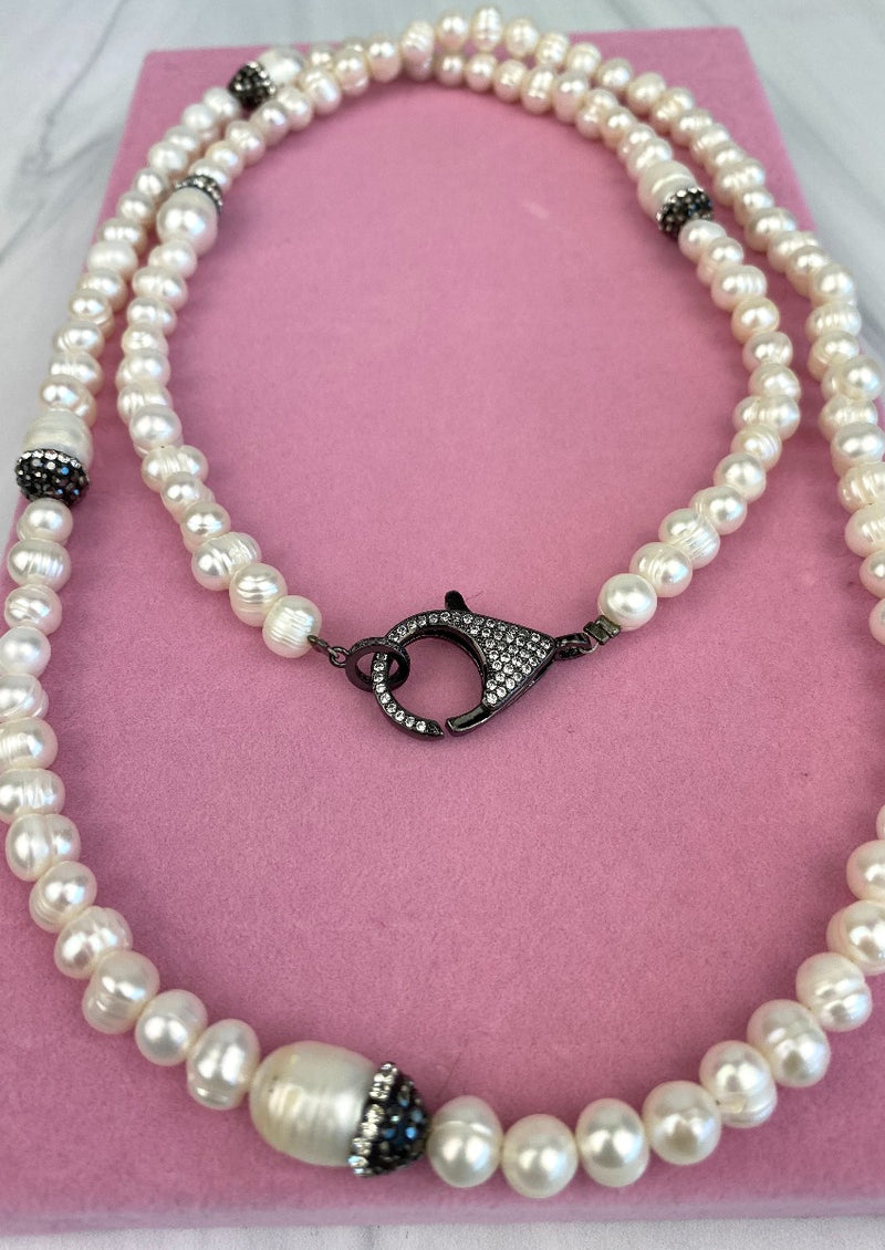 Long Natural Pearl Necklace with Oversized CZ Clasp Gunmetal and Crystals