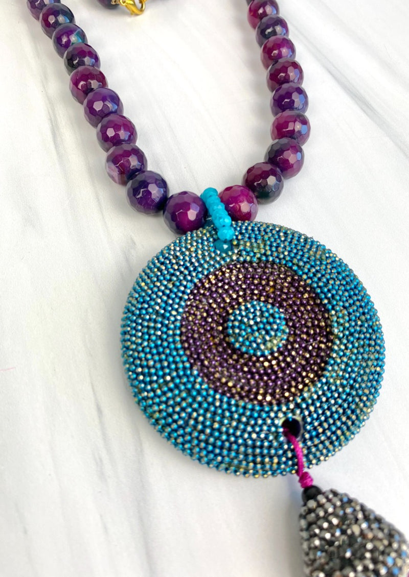 Evileye Long Necklace Purple Faceted Gemstones and Teal Nephrite and Silk Fringe Joel Handmade