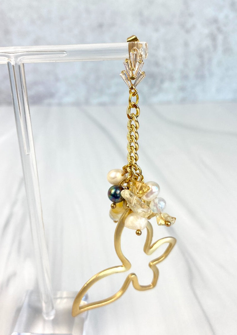 Gold Butterfly Statement Long Dangling Earrings with Cubic Zirconia Natural Pearls Citrine Quartz Joel Handmade