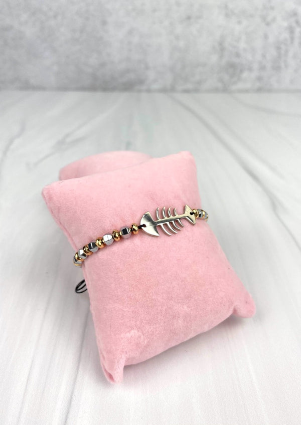 Fishbone Stainless Steel Motif with Silver and Gold Faceted Hematites Beads Sparkly Adjustable Bracelet Dainty Joel handmade