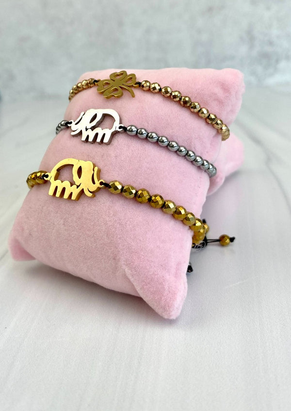 STAINLESS STEEL 14K GOLD PLATED ELEPHANT , Lucky Clove ADJUSTABLE BRACELET DAINTY WITH FACETED GOLD, Silver HEMATITES BEADS JOEL HANDMADE