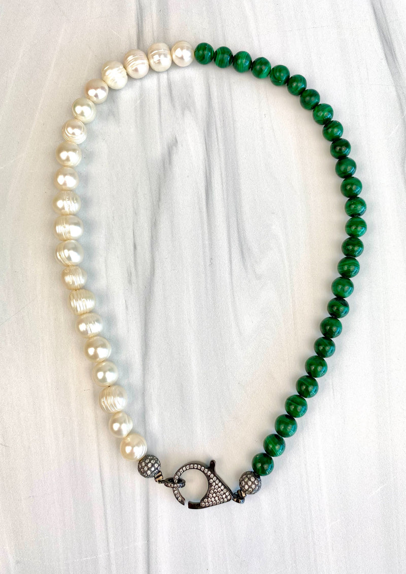 Fresh Water Pearls and Natural Malachite Gemstones Necklace Featuring an Oversized Gunmetal Clasp with CZ Cubic Zirconia Joel Handmade