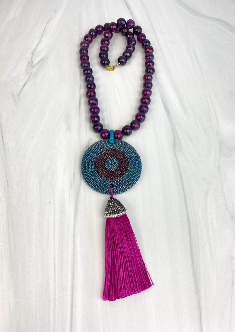 Evileye Long Necklace Purple Faceted Gemstones and Teal Nephrite and Silk Fringe Joel Handmade