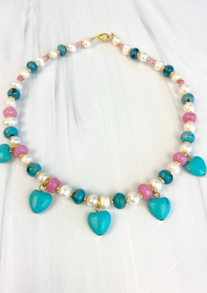 Whimsical Multicolor Gemstone Necklaces with dangling howlite hearts and natural pearls Mix and mATCH colorful Joel handmade