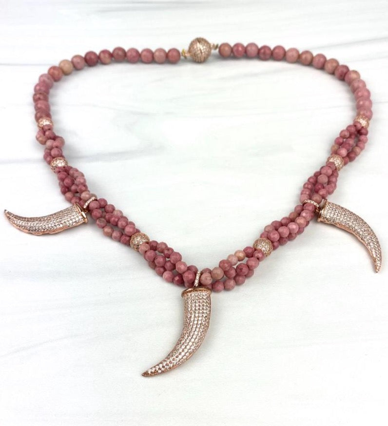 Faceted Rhodonite Statement Pink Necklace with Tooth Pendant Rose Gold Tone