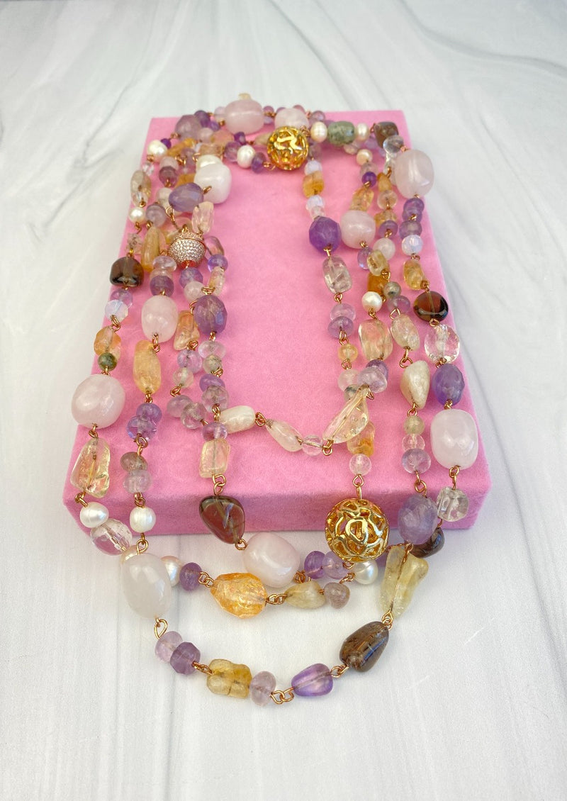 Endless Necklace Wraparound Draped Variety of Gemstones Multicolor Pastel Colors Pearls, Amethyst, Rose Quartz, Citrine, 6 feet long Joel Handmade