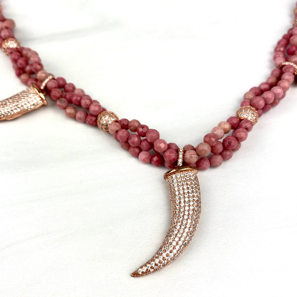 Faceted Rhodonite Statement Pink Necklace with Tooth Pendant Rose Gold Tone