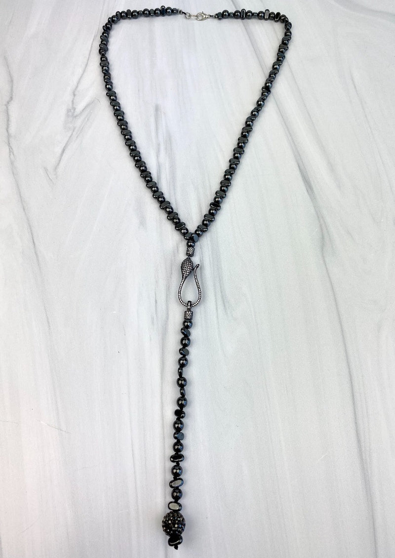 Lariat Necklace Featuring an Oversized Gunmetal Black Clasp with Pave CZ and Marble white Howlite and Hematites Beads Long Necklace