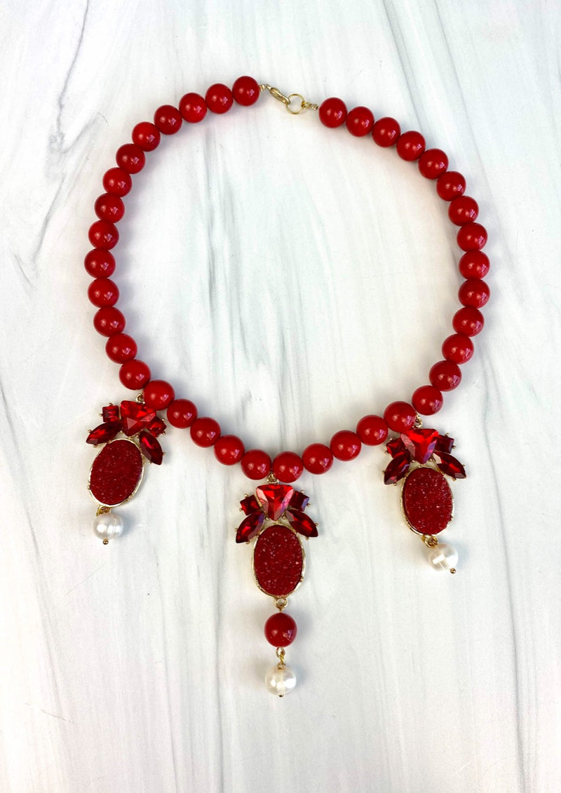 Red Statement Necklace with Faux Druzy pendants and Nephrite Beads