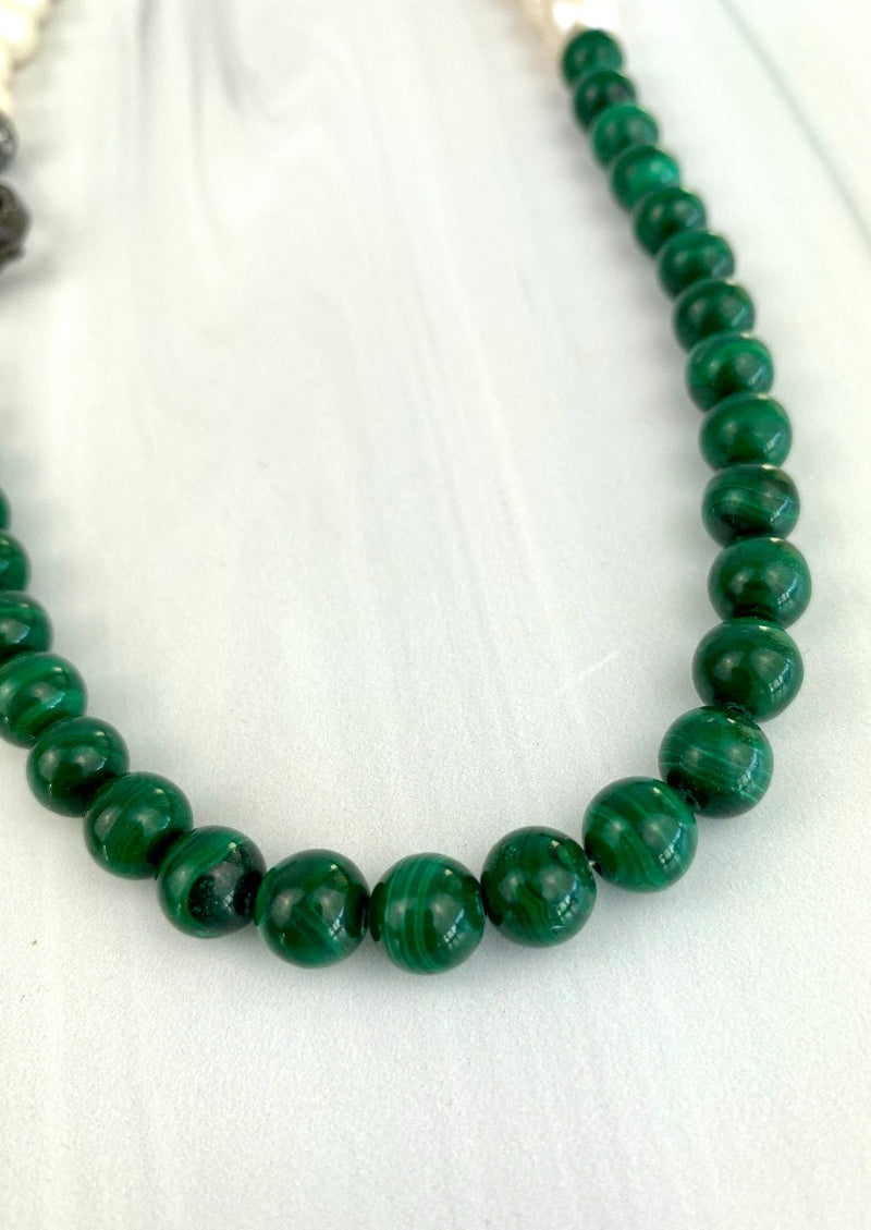 Fresh Water Pearls and Natural Malachite Gemstones Necklace Featuring an Oversized Gunmetal Clasp with CZ Cubic Zirconia Joel Handmade