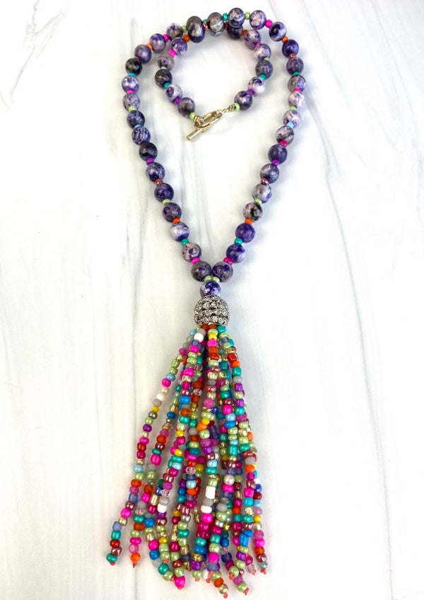 Candy Collection Necklace with Bright Whimsical Colors Purple Agate Gemstone and Multicolor Tassel with Seed Beads Joel Handmade