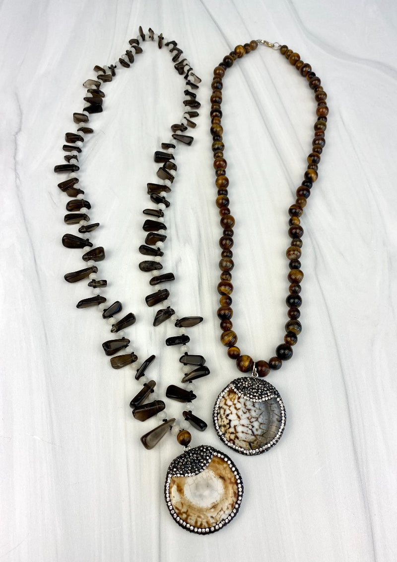 Tiger Eye Necklace with Beautiful Brown Animal Print Like Agate Pendant with Crystals and Smoke Quartz Joel Handmade