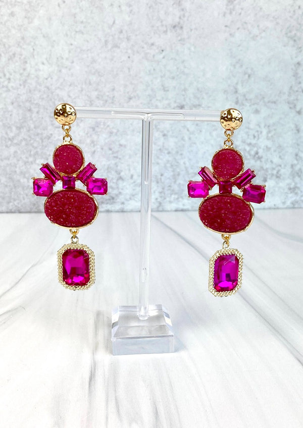 Candy Collection Fuchsia Hot Pink Yellow Gold Bright Faux Druzy Long Statement Earrings