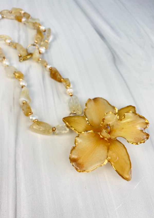 Joel Handmade Real Preserved Yellow Orchid Statement Necklace with Citrine Quartz and Fresh Water Pearls