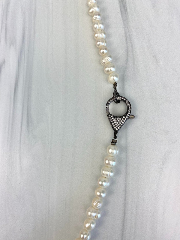 Long Natural Pearl Necklace with Oversized CZ Clasp Gunmetal and Crystals