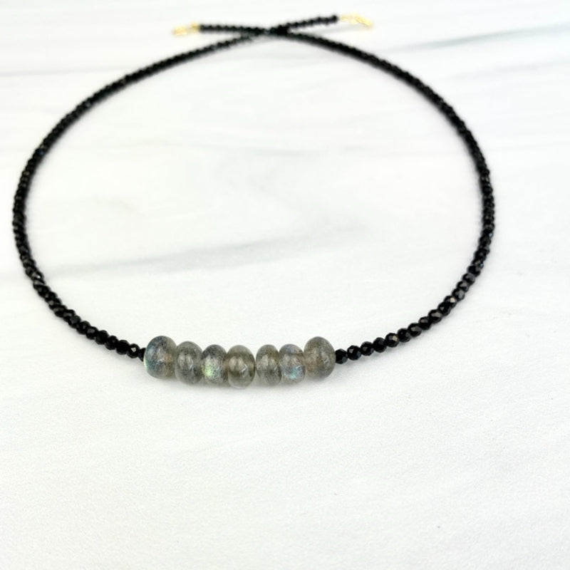 Dainty Necklace Tiny Black Spinel and Labradorite Beads