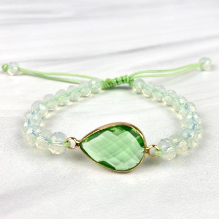 Moonstone Faceted Gemstone Macrame Adjustable Bracelet in Lime Green