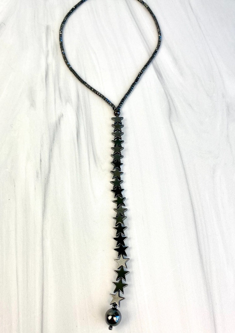 Hematite Lariat Necklace with Stars Metallic Grey Sparkly Joel Handmade