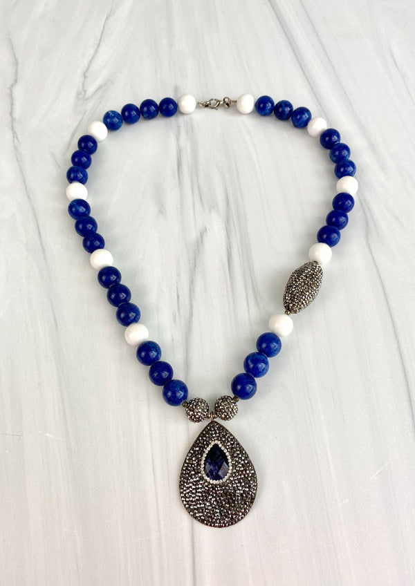 White & Cobalt Blue Statement Necklace with Dazzling Crystal Pendant Featuring a Faceted Agate and Completed With Large Nephrite Gemstones