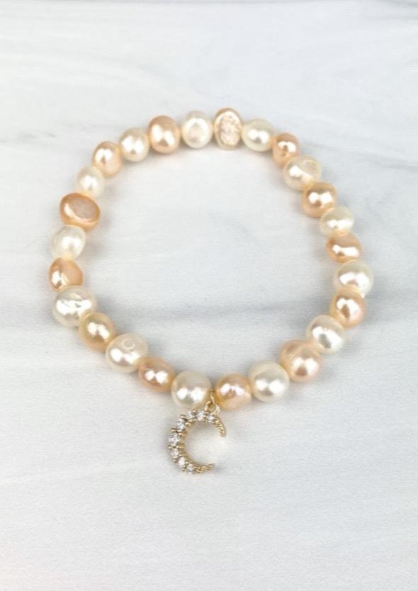 Crescent Moon with Cubic Zirconia with Freshwater Pearl Elastic