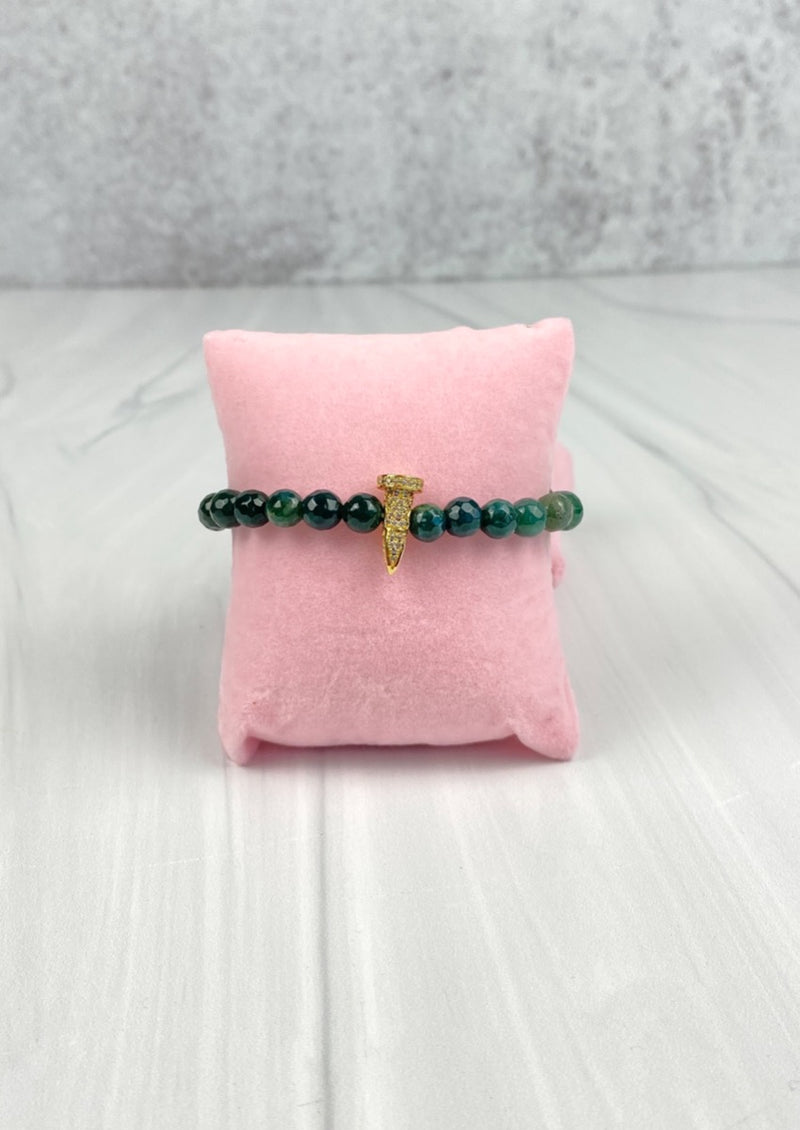 "Nailed it" Gold Nail with Cubic Zirconia CZ Elastic Bracelet with faceted Onyx Agate Green Gemstone Beads Joel Handmade