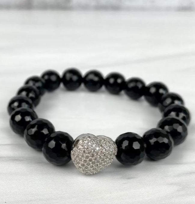 Heart Love Silver or Gold with Cubic Zirconia CZ Elastic Bracelet with faceted Black Onyx Agate Gemstone Beads Joel handmade