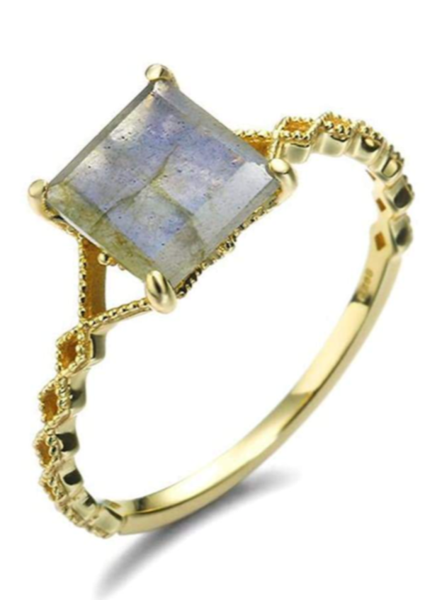 Solitaire Ring with Princess Cut Labradorite Gemstone, Semiprecious Stone Sterling Silver 925 and 14K Gold Plated