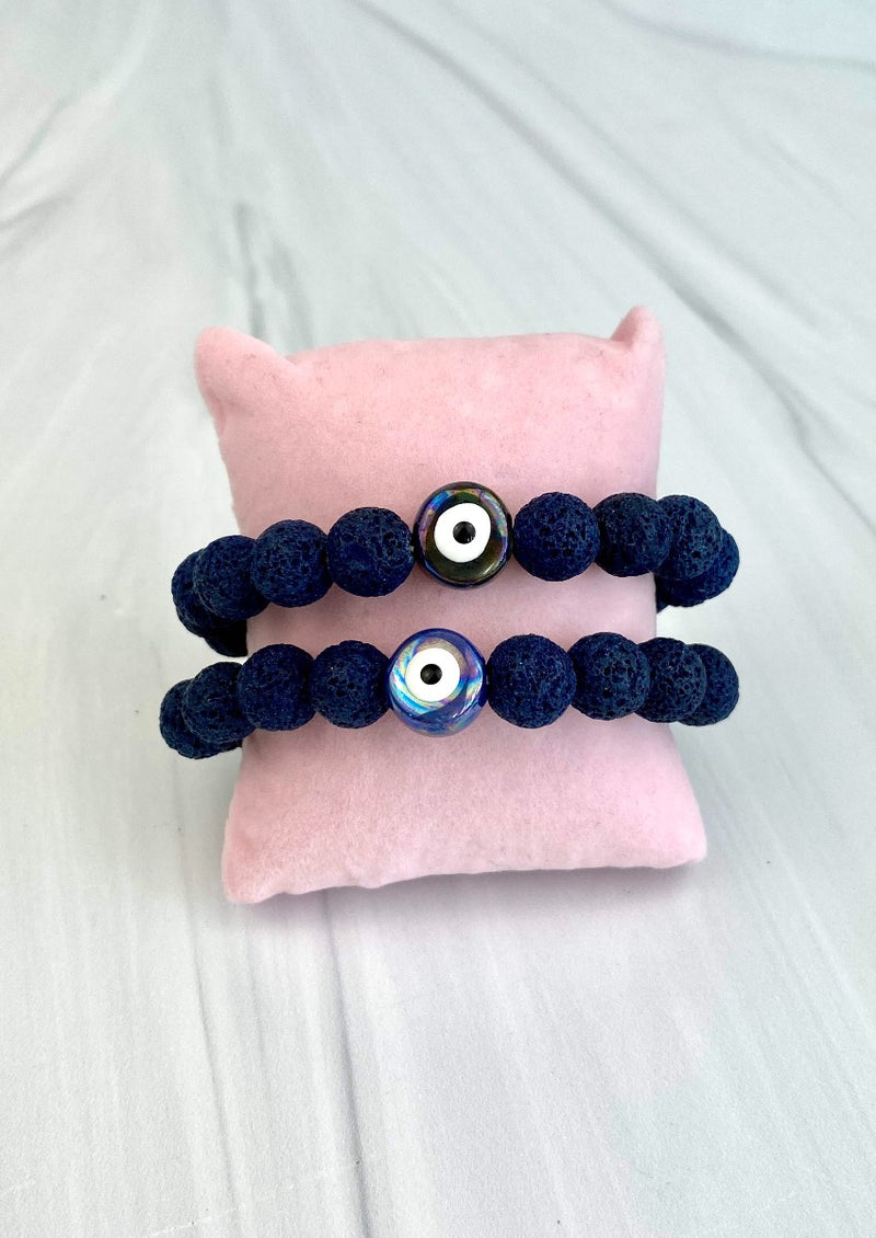 "Santorini" Bracelet with Lava Beads and Porcelain Hand Painted Evil Eye Elastic Joel Handmade