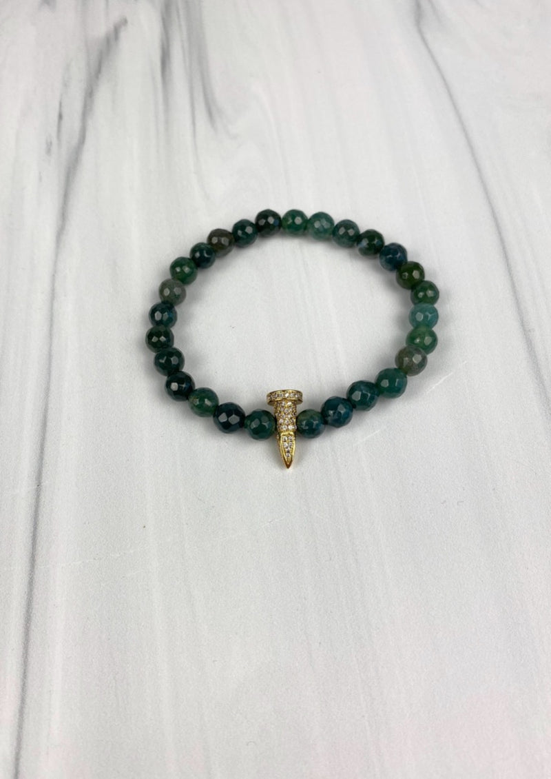"Nailed it" Gold Nail with Cubic Zirconia CZ Elastic Bracelet with faceted Onyx Agate Green Gemstone Beads Joel Handmade
