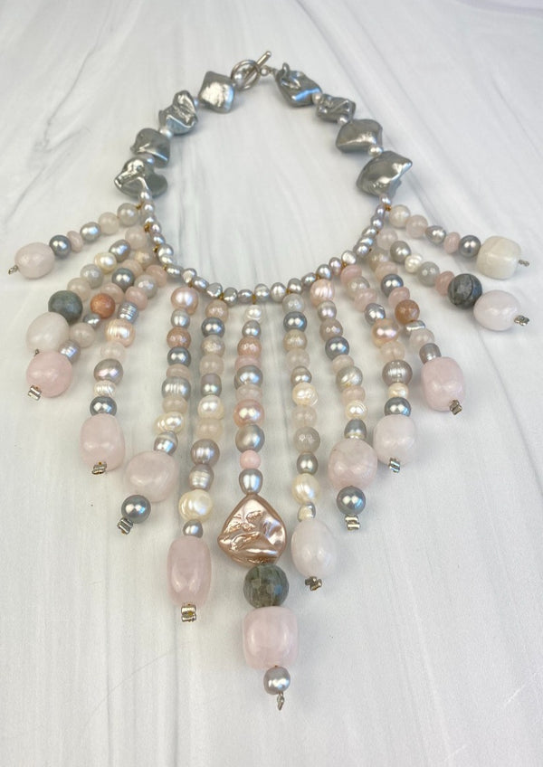 Fringed Necklace Grey Pink Pastel Shades Large Statement Necklace, Pearls, Rose Quartz, Labradorite, Seashell Stunning Joel Handmade