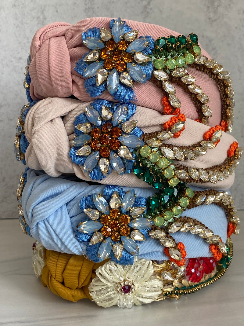 Knot Headband with Flower appliqué and Crystals JoEl handmade