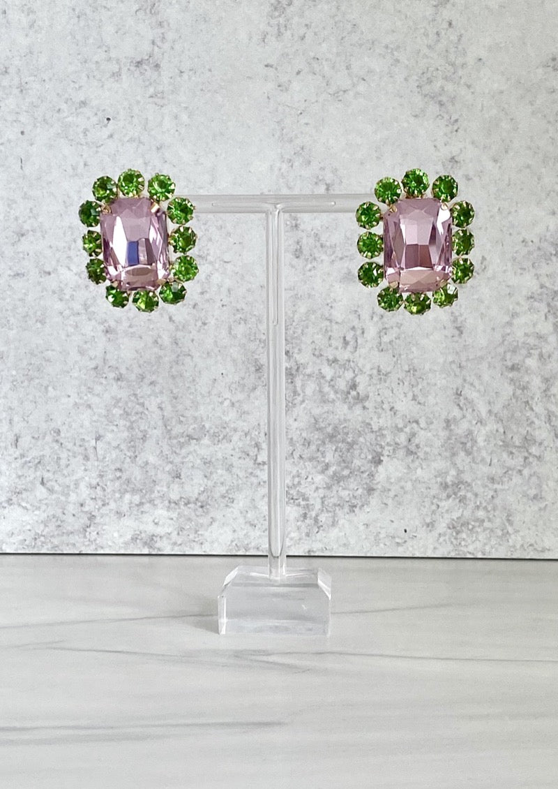 Oversized Rectangular Button Glass Earrings Pastel Pink Green Sparkly, JoEl handmade