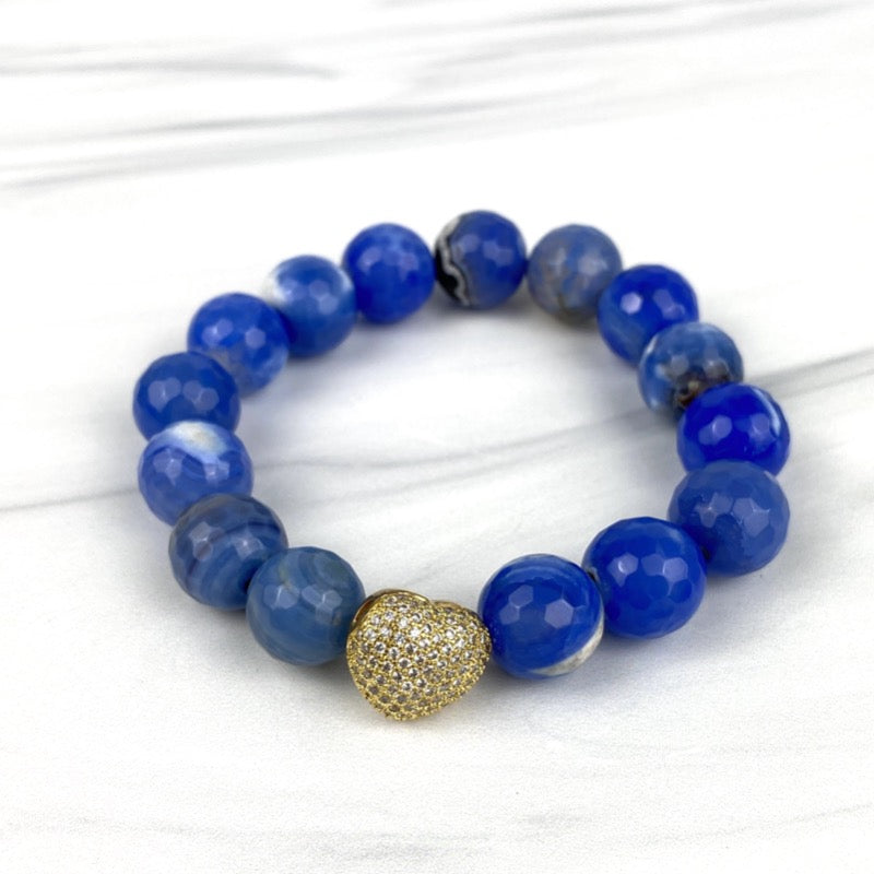 Heart with CZ Blue Faceted Agate Gemstone Elastic Bracelet