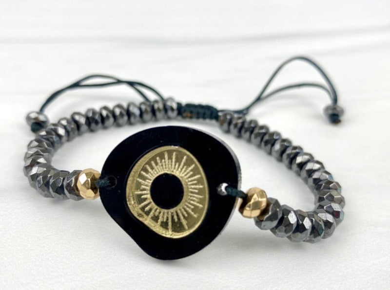 Evil Eye Acrylic Bracelet Macrame Adjustable with Onyx Gemstones or Hematites