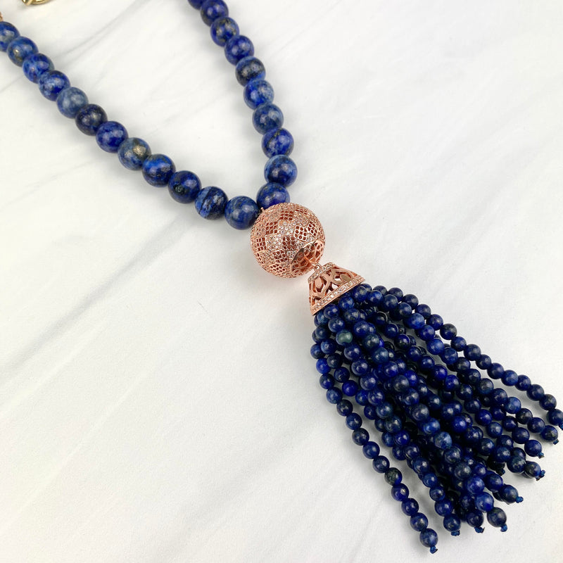Joel Handmade Long Rose Gold Globe Pendant Motif with CZ Tassel Necklace with Blue Lapis Lazuli Gemstones