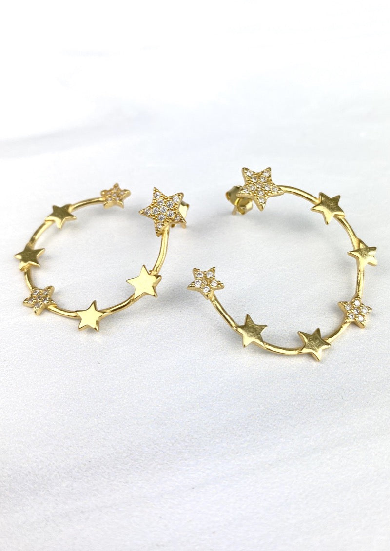"Starry Night" Gold Earrings Sterling Silver 925  Large Earrings with Pave Cubic Zirconia CZ Pierced Ears
